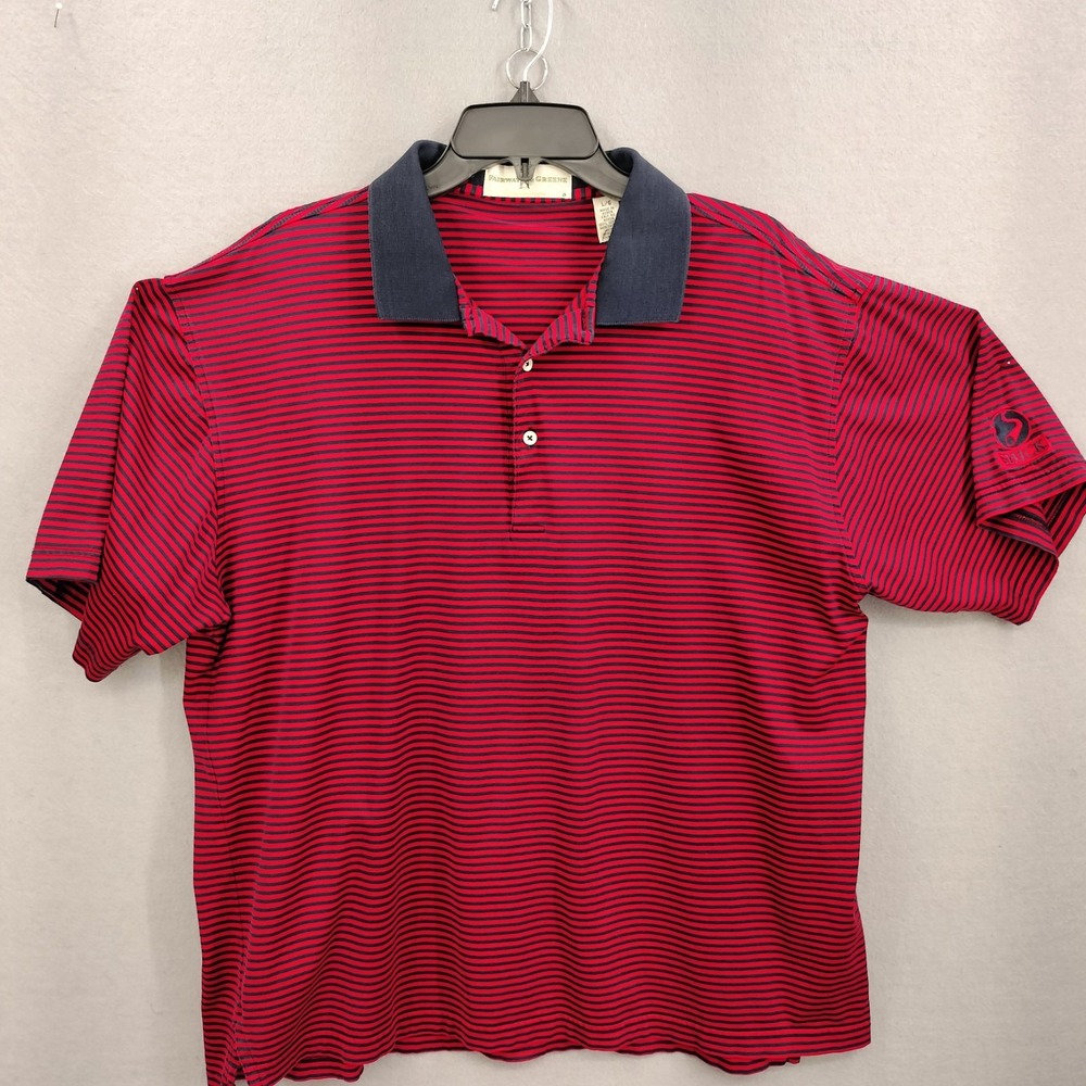 Shcik Golf Club Men's L Fairway & Greene Golf Polo Red Navy Stripes 100% Cotton